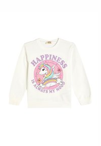 Sudadera blanca de manga larga con un gráfico de un unicornio, colores pastel y el texto "La felicidad siempre es mi estado de ánimo" en púrpura.