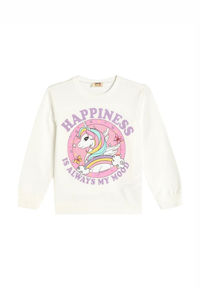 Sudadera blanca de manga larga con un gráfico de un unicornio, colores pastel y el texto "La felicidad siempre es mi estado de ánimo" en púrpura.