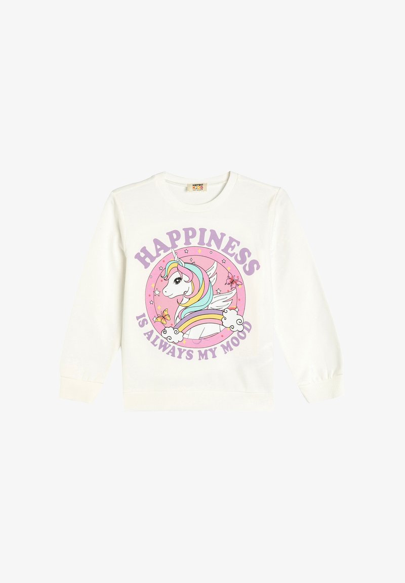 Sudadera blanca de manga larga con un gráfico de un unicornio, colores pastel y el texto "La felicidad siempre es mi estado de ánimo" en púrpura.