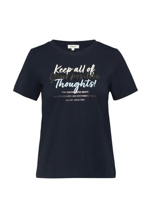 Granatowy t-shirt z krótkim rękawem z motywującym napisem: "Zachowaj wszystkie swoje pozytywne myśli! Bądź pozytywny, świeć jasno, rozsiewaj dobre wibracje przez cały dzień."