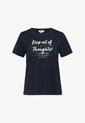 Marineblaues kurzärmeliges T-Shirt mit motivierendem Text: „Bewahre all deine positiven Gedanken! Bleib positiv, strahle hell, verbreite den ganzen Tag gute Stimmung.“