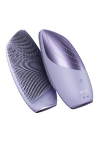 Spazzola per capelli elettrica di un morbido colore viola, dotata di impugnatura in gomma testurizzata, forma ergonomica, setole in silicone su un lato e pulsanti di controllo.