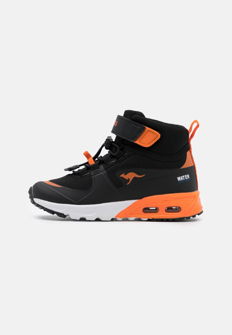 Black and orange waterproof high-top sneaker with a padded collar, lace and strap closure, and air cushioning in the sole.