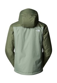 Vihreä ulkoilutakki hupulla. Takissa on vaaleamman vihreä selkäosa ja tummemmat vihreät hihnat, ja siinä on North Face -logo valkoisena.