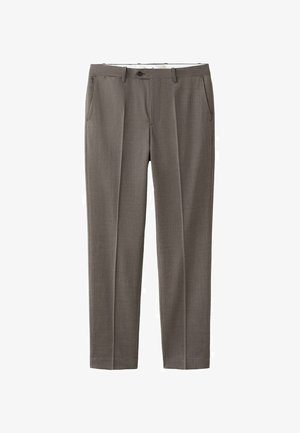 Grå skræddersyede bukser med en glat tekstur, to forlommer, lukning med knap og et ben med lige snit. Egnet til formelt brug.