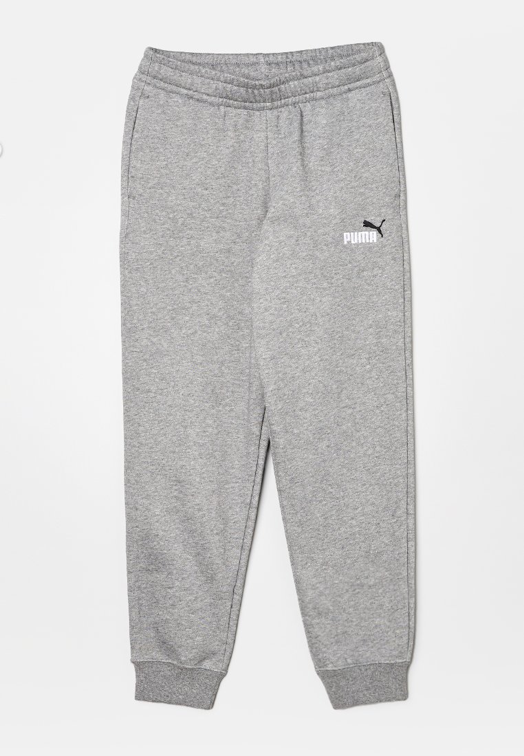 Pantaloni della tuta grigi realizzati in un materiale morbido, con una vita elasticizzata, polsini a costine e il logo bianco PUMA sulla gamba sinistra superiore.
