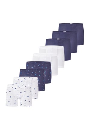 Set aus neun Herren-Boxershorts in Marineblau, Weiß und gemusterten Designs mit weltraumbezogenen Motiven, angeordnet in drei Reihen.