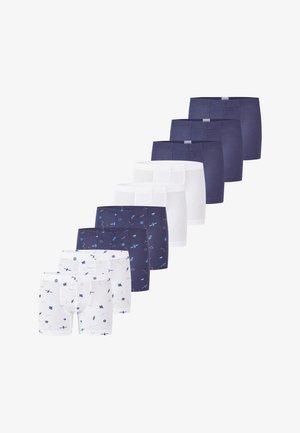 Set di nove boxer da uomo in blu navy, bianco e con fantasie a tema spaziale, disposti in tre file.