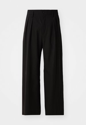 Black wide-leg trousers with a smooth texture, featuring two front pleats, a button closure, and side pockets. Durable fabric.