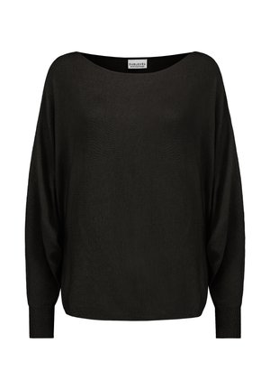 Schwarzer, lockerer Pullover mit weitem Bootsausschnitt, langen Fledermausärmel und gerippten Bündchen. Aus einem weichen, strukturierten Stoff gefertigt.