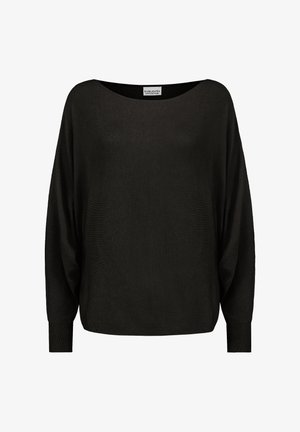 Schwarzer, lockerer Pullover mit weitem Bootsausschnitt, langen Fledermausärmel und gerippten Bündchen. Aus einem weichen, strukturierten Stoff gefertigt.