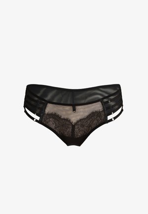 Czarne majtki z koronkowym przodem w kwiatowy wzór, prześwitującymi czarnymi siateczkowymi bokami oraz wieloma paskami. Miękka tekstura materiału.