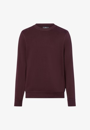 Sweat-shirt à manches longues unies, col rond, de couleur bordeaux foncé avec poignets et ourlet côtelés, présenté sur un fond blanc.