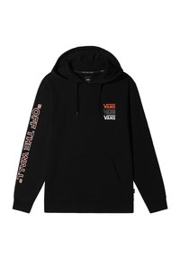 Sudadera negra con un bolsillo canguro en la parte delantera. Presenta logotipos rojos y blancos de "VANS" en el pecho y la manga, y capucha con cordón. Material de algodón.