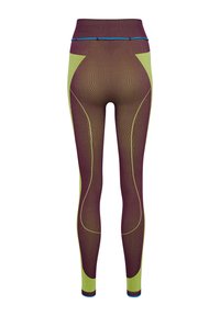 Højttaljede leggings med et struktureret design i rødbrun og limegrøn med kontrasterende syninger og en blå accent ved linningen.