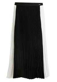 Plissé maxi rok met een colorblock ontwerp in zwart en wit, met een gladde tailleband en een textuurstof over de gehele rok.