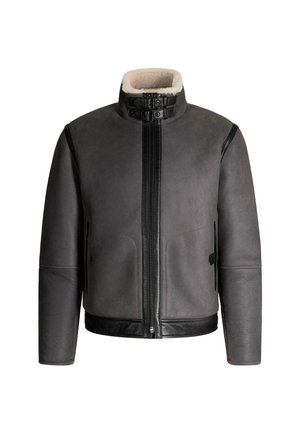 Graue Lederjacke mit einem Kragen aus Kunstfell, Reißverschluss vorne und zwei Seitentaschen. Enthält schwarze Lederdetails und ein gepolstertes Design.