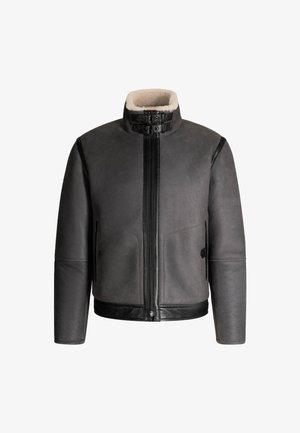 Giacca in pelle grigia con colletto in pelliccia sintetica, zip frontale e due tasche laterali. Include dettagli in pelle nera e un design imbottito.