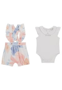 Completo per bambino in due pezzi: una tutina con motivo floreale e spalline arricciate in rosa e blu; body bianco con maniche arricciate e logo "GUESS".