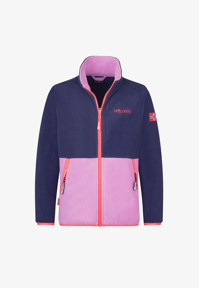 Fleece jacket featuring a navy blue upper section and light pink lower section, with a full zipper and orange accents. Embroidered logo and flag patch.