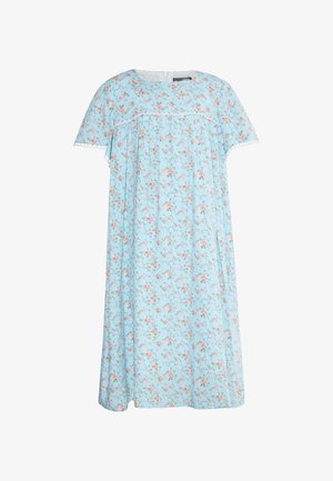 Világoskék, légies anyagból készült ruha, rózsaszín és zöld virágmintával, rövid ujjakkal és fodros csipke díszítéssel.