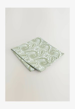 Folded textile with a paisley pattern in light green and white. Features intricate designs with swirls and floral motifs.