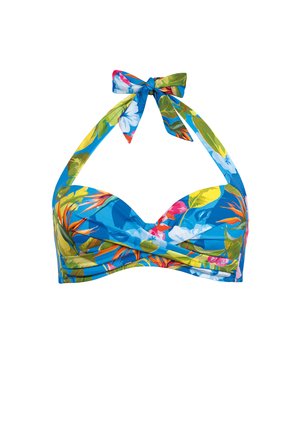 Niebieski bikini top o tropikalnym wzorze, z wiązaniem na karku i skręconym przodem.