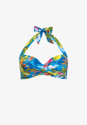 Niebieski bikini top o tropikalnym wzorze, z wiązaniem na karku i skręconym przodem.