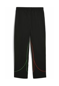 Pantalones capri negros de longitud media con cinturilla elástica, que presentan acentos de costura verde y roja en diseños curvados a los lados.