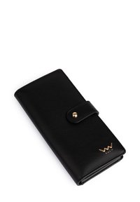 Black leather wallet with a textured finish, featuring a gold snap closure and embossed logo at the bottom. Rectangular shape.