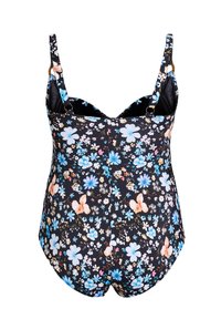 Sort badedragt med blomstermønster i blå og orange, justerbare stropper og dyb udskæring på ryggen. Glat stof med tætsiddende pasform.