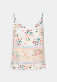 Hedvábný top bez rukávů s květinovým potiskem, zdobený vlnitým lemem a jemnými akcenty v růžové, modré a zelené barvě s propracovanými květinovými vzory.