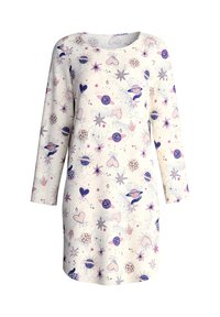 Abito a maniche lunghe in tessuto crema con un motivo giocoso di pianeti, cuori e stelle in tonalità di viola, rosa e blu. Collo rotondo.