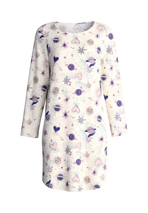 Langärmliges Kleid aus cremefarbener Stoff mit einem verspielten Muster aus Planeten, Herzen und Sternen in lila, pink und blauen Farbtönen. Rundhalsausschnitt.