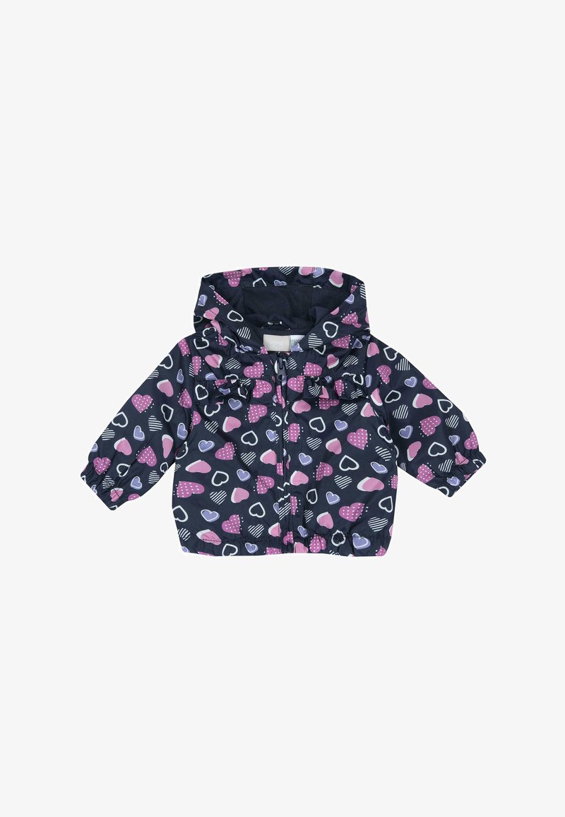 Veste imperméable navy avec capuche, ornée d'un motif de cœurs roses et violets, de pois et de rayures. Poignets ajustés et accents volantés.