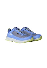 Zapatillas de trail de color azul con parte superior de malla y sintético, acentos grises y suela texturizada. Cuenta con un sistema de cordones y una lengüeta.