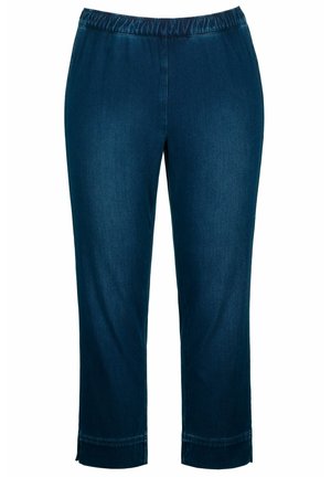 Donkerblauwe denim broek met een elastische tailleband, cropped lengte en gestikte zoomdetails. Soepele textuur, casual ontwerp, geschikt voor dagelijks gebruik.