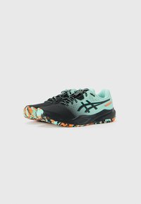 Pair of black and teal running shoes with orange and teal patterned soles and black laces, shown at a slight angle on white background.