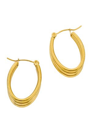 Een paar ovale oorbellen in goudkleur met een gelaagd geribbeld ontwerp en scharnierende sluitingen aan de achterkant, op een witte achtergrond.