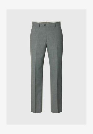 Graue Herrenanzughose mit dezentem Karomuster, vorne mit Knopf- und Reißverschluss sowie Gürtelschlaufen, auf weißem Hintergrund flach liegend dargestellt.