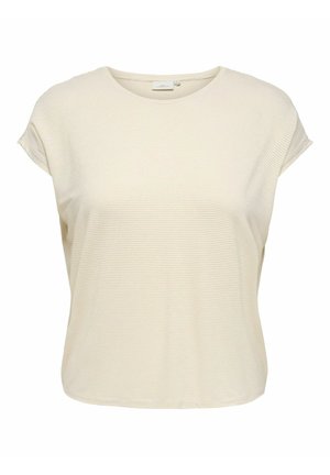 Haut beige à manches courtes en maille côtelée avec encolure ronde et coupe décontractée, présenté sur un fond blanc.