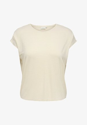 Beige kortærmet ribstrikket top med rund halsudskæring og afslappet pasform, vist på en hvid baggrund.