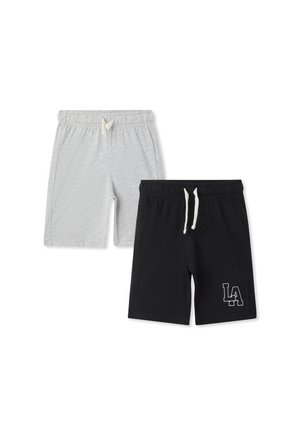 Dwie pary spodenek sportowych: jedne szare z teksturowanym wzorem, a drugie czarne z białym logo "LA". Obie mają elastyczne pasy w talii z sznurkiem do regulacji.