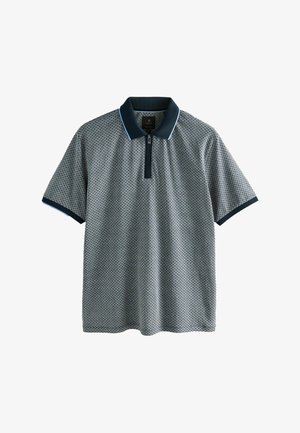Polo a maniche corte in azzurro chiaro con motivo geometrico, colletto in blu scuro e chiusura con zip. Tessuto morbido con vestibilità regolare.