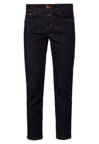 Tmavě modré džíny slim fit s pěti kapsami a oranžovým prošíváním. Mají zapínání na knoflík a rovný střih nohavic.