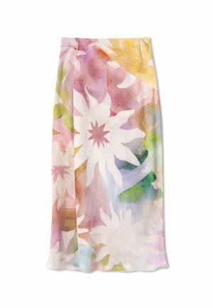Μακριά φούστα με σχέδιο λουλουδιών σε τεχνοτροπία ακουαρέλας, σε παστέλ αποχρώσεις ροζ, μοβ, πράσινο, κίτρινο και λευκό σε απαλό ύφασμα.
