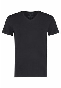 Mustavartinen lyhythihainen t-paita, jossa on V-pääntie. Valmistettu puuvillasta, joka on sileä ja minimalistinen tyyli. Ei näkyviä kuvioita tai koristeita.