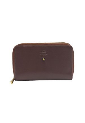 Portefeuille en cuir marron avec une texture lisse, ornée d'une étoile dorée et d'une fermeture éclair, portant la marque "mila louise PARIS."