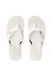 White flip-flops with a textured pattern on the footbed, nylon straps, and small black logo accents on the sides.