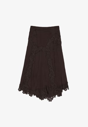 Czarna spódnica z koronkową lamówką wzdłuż dołu oraz w kształcie krzyżującym się wzoru z przodu, o lekko rozkloszowanym fasonie.